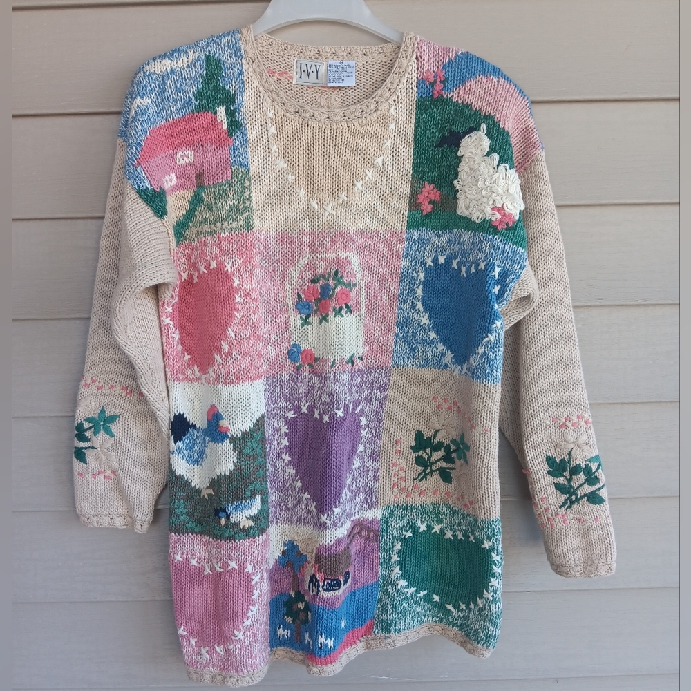 Vintage 80's IVY Country Patchwork Cottagecore Sweater.  Size Medium.
